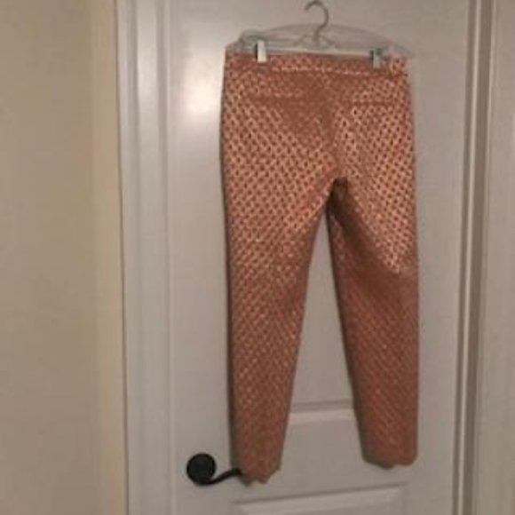 NWT J. Crew Coral and Metallic Gold Jacquard Tailored tapered Ankle Pants - Picture 2 of 6